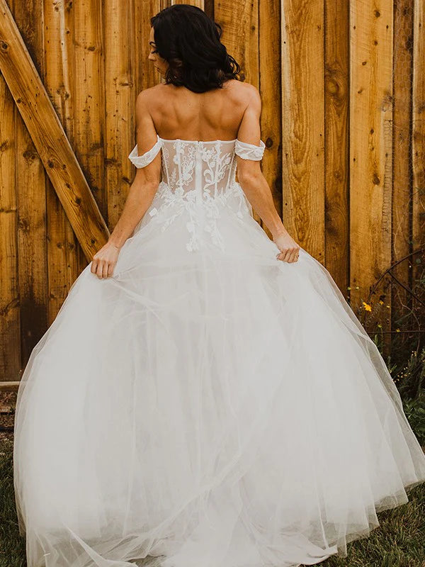 A-Line/Princess Tulle Applique Off-the-Shoulder Sleeveless Sweep/Brush Train Wedding Dresses Beautiful