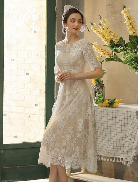 Reception Fall Wedding Dresses Little White Dresses in Color A-Line Illusion Neck Half Sleeve Tea Length Lace Bridal Gowns With Sash / Ribbon Appliques Summer Party Women's Clothing