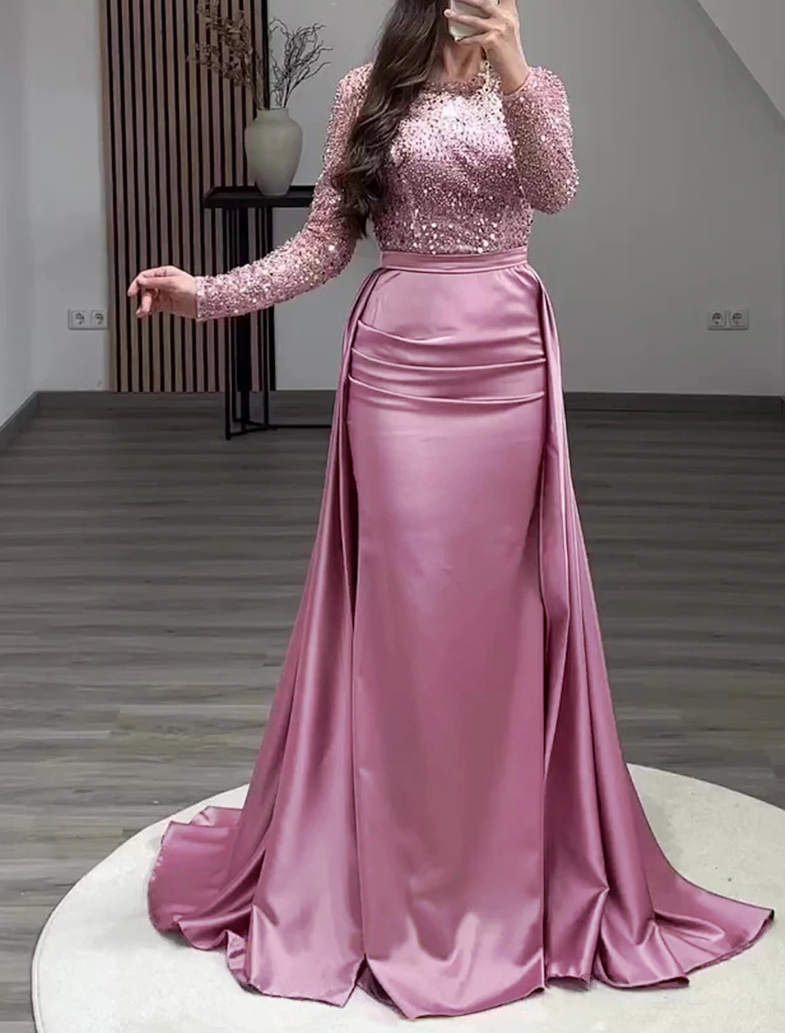 Mermaid Sequin Evening Gown Ruched Satin Dress Long Sleeves Floor Length Sparkle Illusion Neck Prom Wedding Guest Dress with Pearls Overskirt