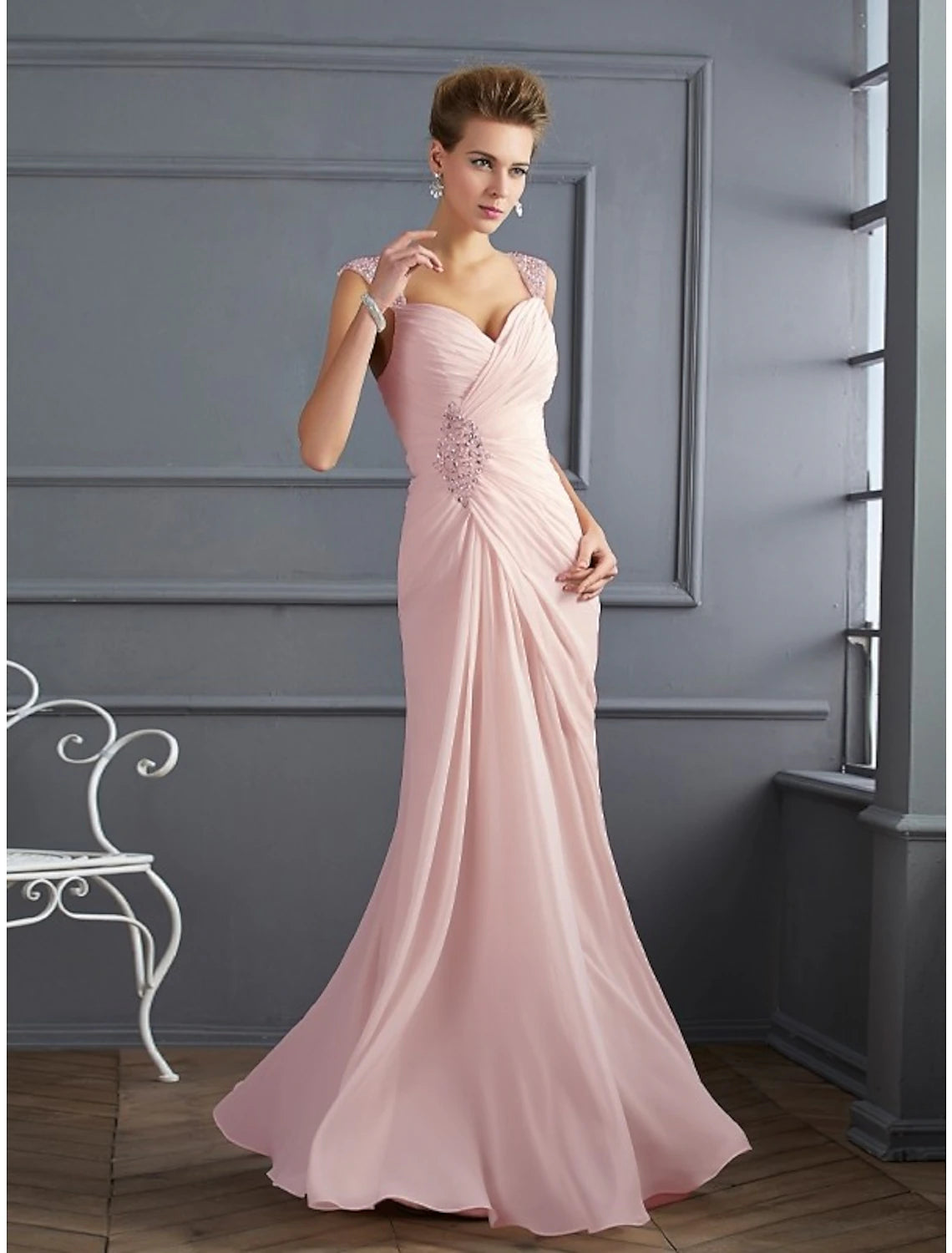 Mermaid / Trumpet Evening Gown Elegant Dress Formal Wedding Guest Floor Length Sleeveless Spaghetti Strap Chiffon with Rhinestone Ruched