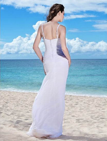 Beach Wedding Dresses Sheath / Column Spaghetti Strap Sleeveless Floor Length Chiffon Bridal Gowns With Ruched Beading