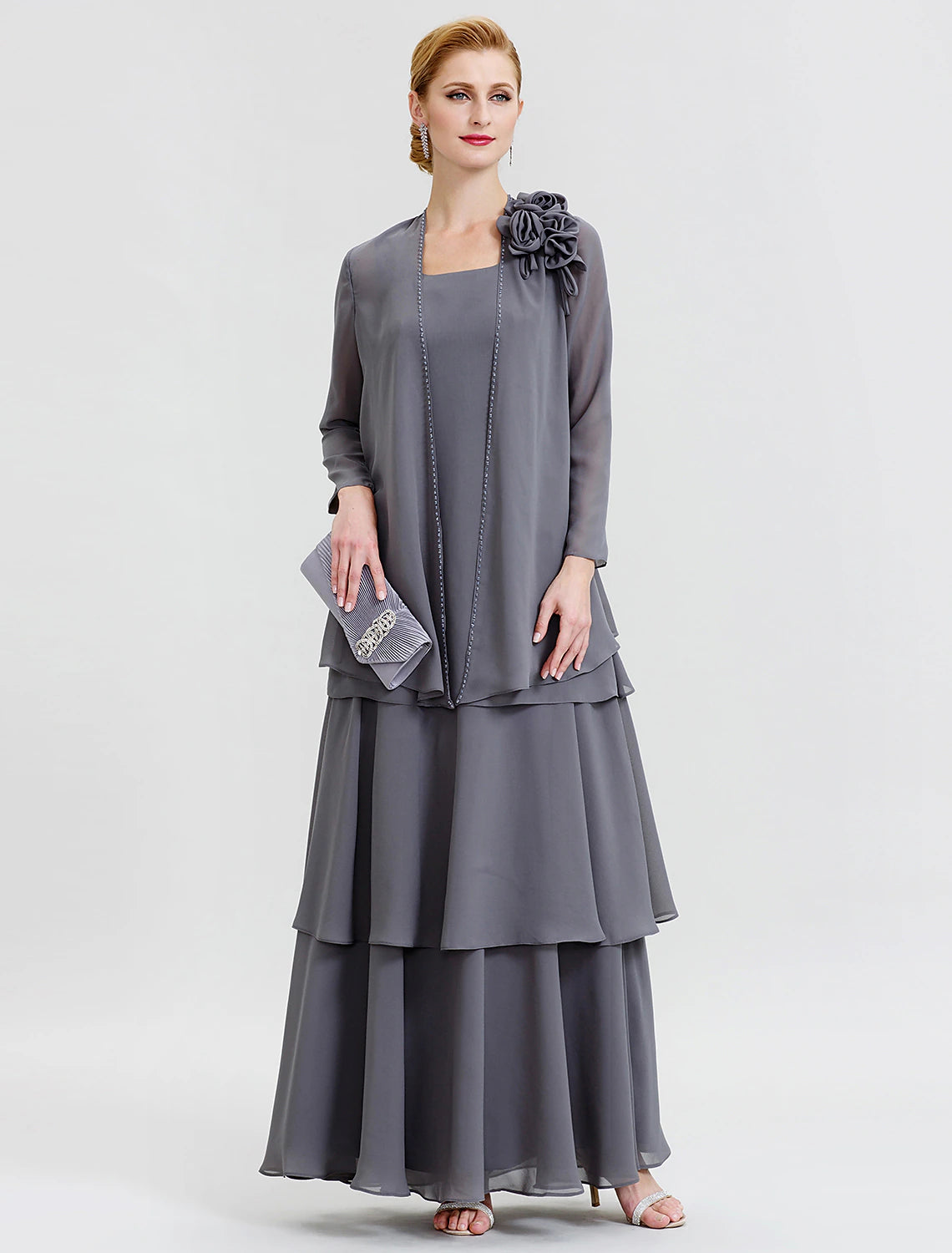 A-Line  Floral Tiered  Scoop Neck Floor Length Wedding Guest Party Dress Chiffon Long Sleeve Wrap Included Mother of the Bride Dress with Beading Flower