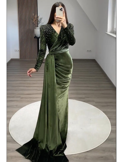 Sheath Mermaid Burgundy  Floor Length Party Dress Long Sleeve V Neck Ruched Wedding Guest Velvet with Beads