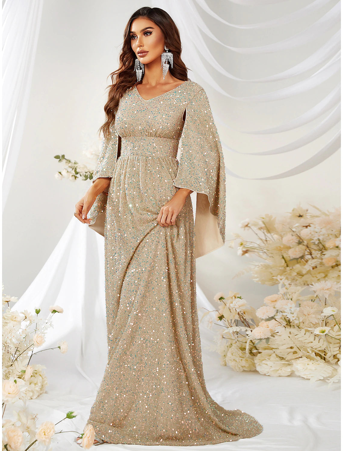 A-Line Evening Gown Sparkle & Shine Dress Formal Wedding Sweep / Brush Train Long Sleeve V Neck Capes Polyester with Sequin