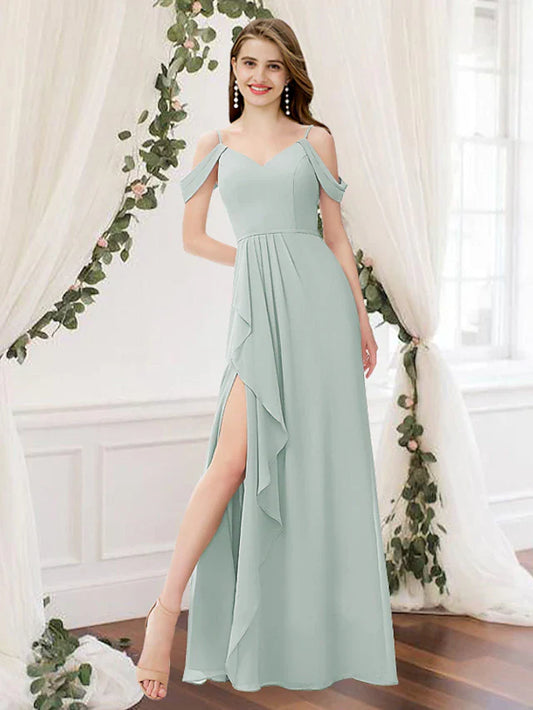 A-Line Bridesmaid Dress V Neck Sleeveless Elegant Floor Length Chiffon with Pleats / Split Front