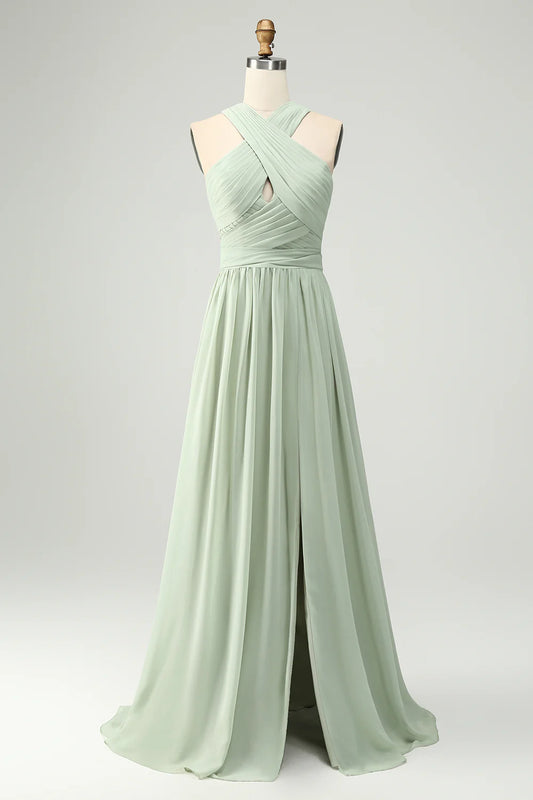 A Line Criss Cross Halter Chiffon Pleated Long Bridesmaid Dress with Slit