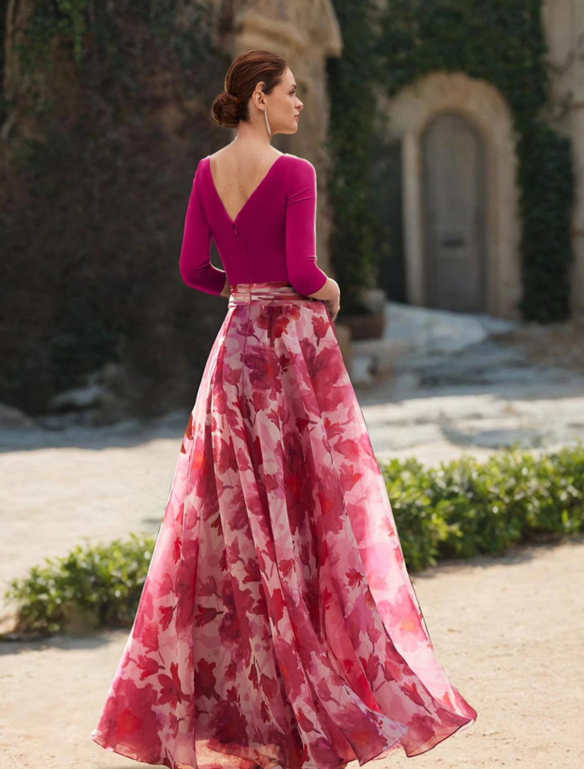 A-Line Mother of the Bride Dress Kentucky Derby Dresses Formal Wedding Guest Elegant V Neck Floor Length Chiffon 3/4 Length Sleeve with Flower