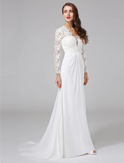 Beach Royal Style Boho Wedding Dresses Sheath / Column Illusion Neck Long Sleeve Sweep / Brush Train Chiffon Bridal Gowns With Lace Button