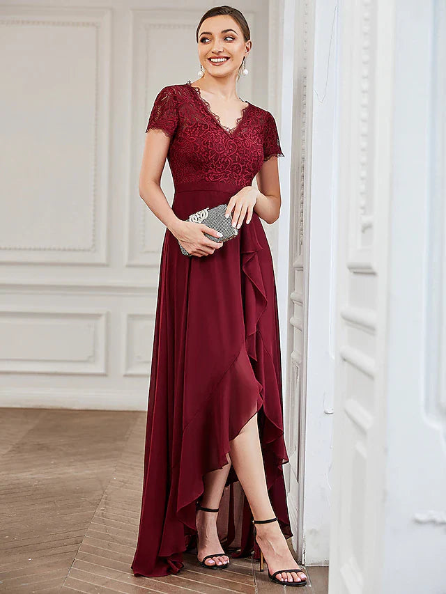 A-Line Cocktail Dresses Minimalist Dress Wedding Party Asymmetrical Short Sleeve V Neck Lace with Slit