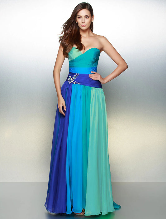 A-Line Elegant Dress Wedding Guest Prom Floor Length Sleeveless Sweetheart Chiffon Backless with Ruched Crystals