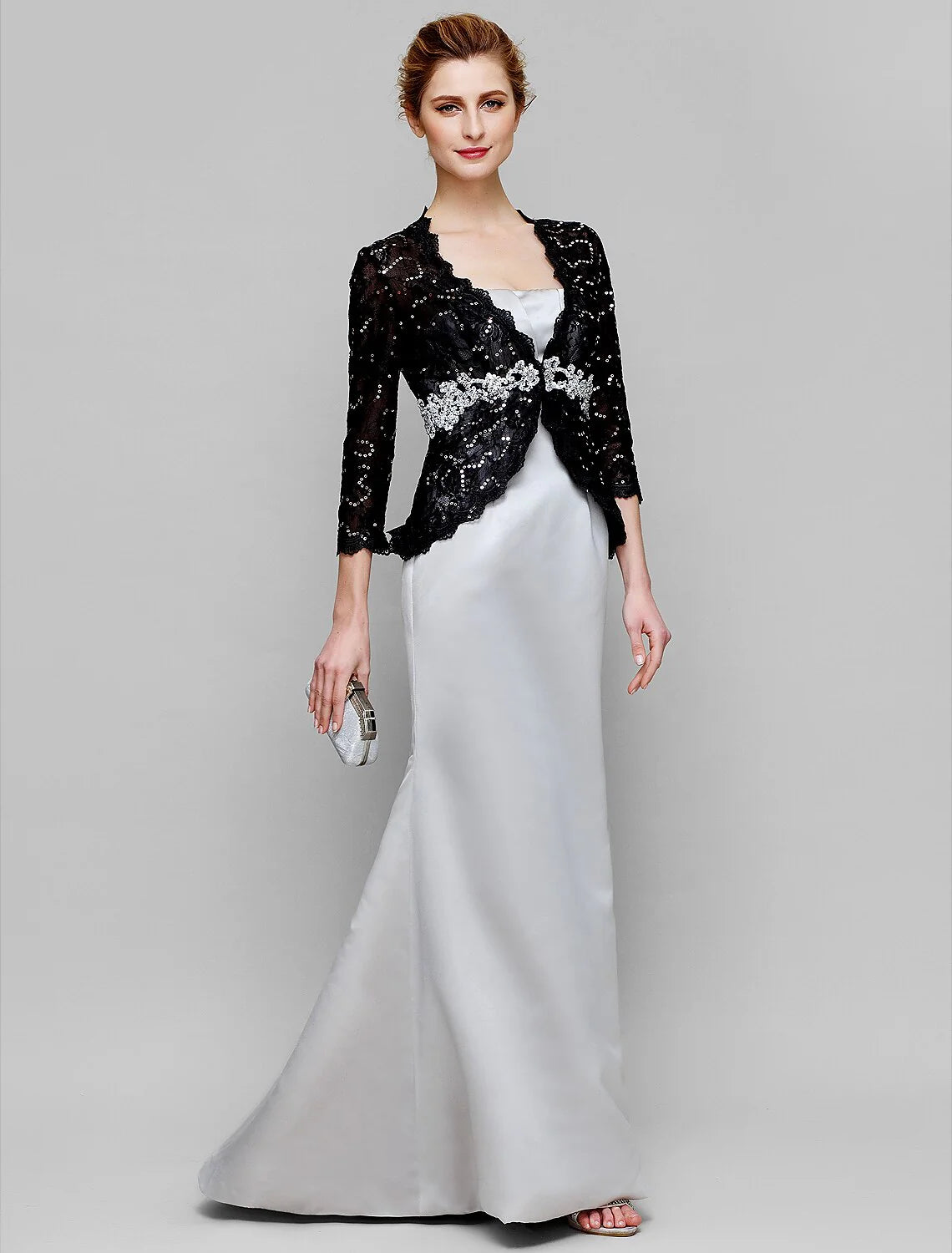 Mermaid / Trumpet Mother of the Bride Dress Convertible Dress Strapless Floor Length Satin Lace 3/4 Length Sleeve No with Lace Beading Sequin