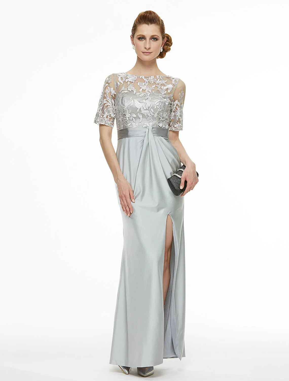 Sheath / Column Bateau Neck Ankle Length Lace / Jersey Mother of the Bride Dress with Lace / Pleats