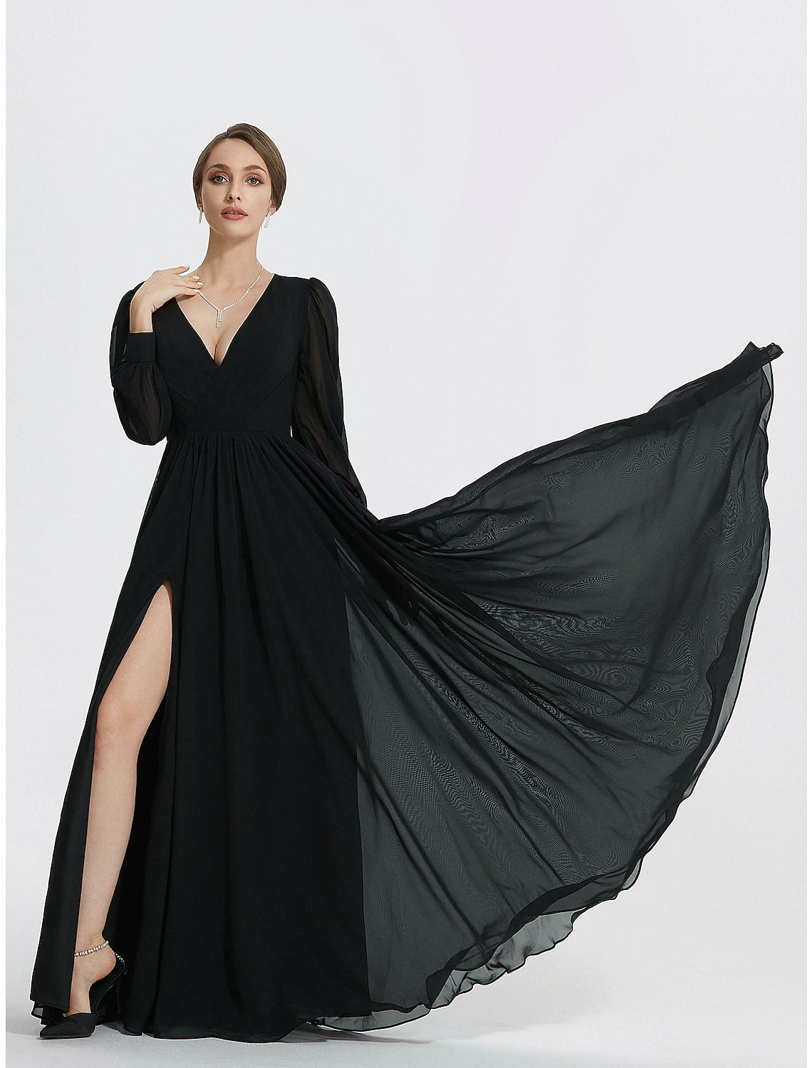 A-Line Evening Gown Elegant Dress Formal Floor Length Long Sleeve V Neck Chiffon with Slit