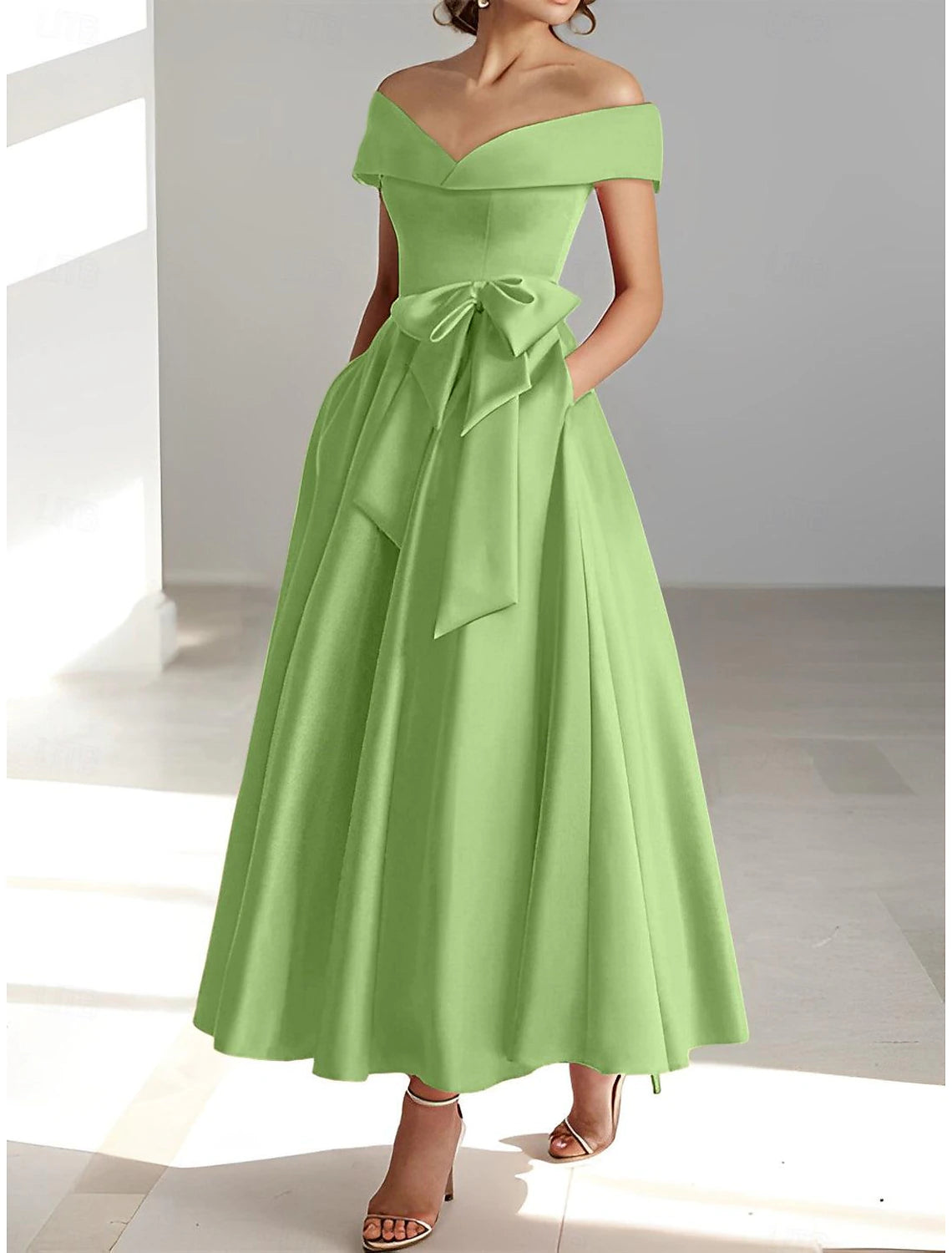 A-Line Cocktail Dresses Elegant Dress Wedding Guest Kentucky Derby Tea Length Short Sleeve Off Shoulder Pocket Satin with Bow(s)