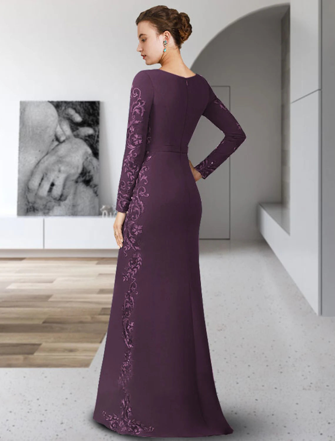 Sheath / Column Mother of the Bride Dress Formal Wedding Guest Elegant Party Scoop Neck Floor Length Chiffon Lace Long Sleeve with Sash / Ribbon Appliques
