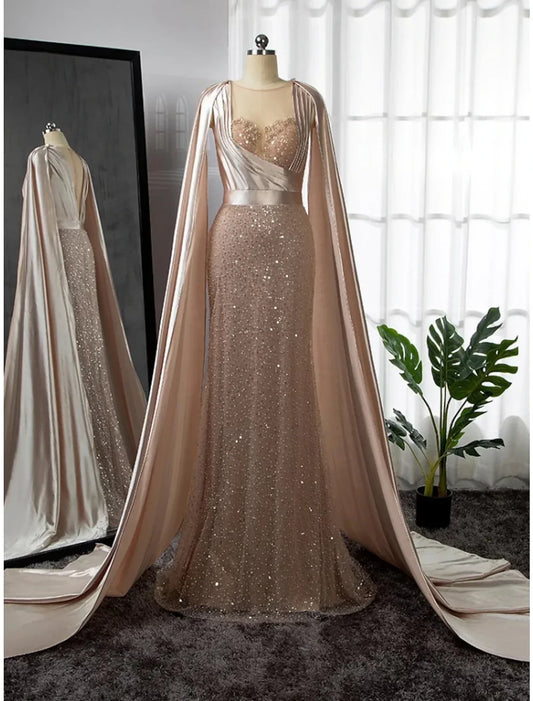 Evening Gown Elegant Dress Formal Court Train Long Sleeve Illusion Neck Stretch Satin with Pleats Ruched Beading