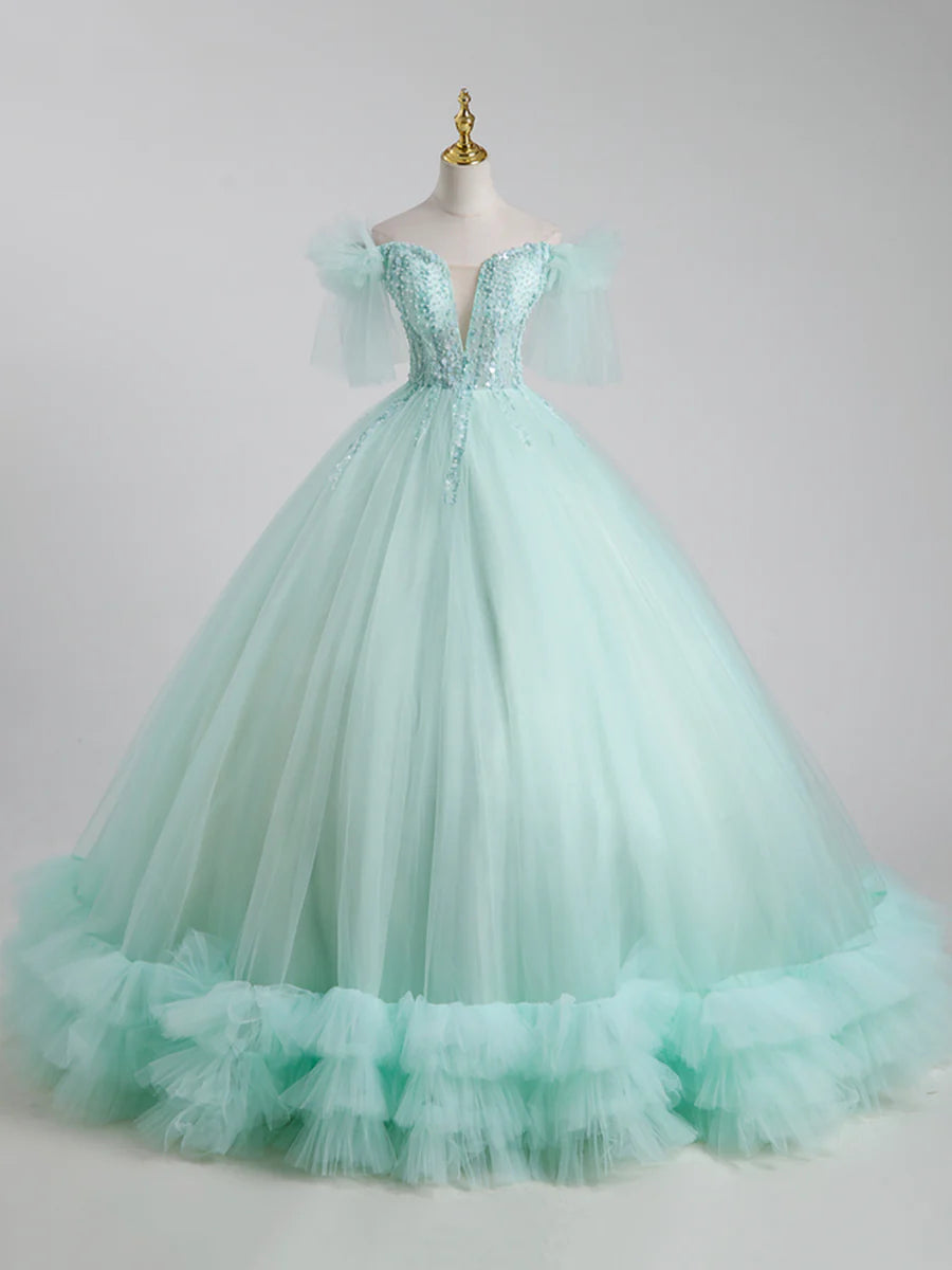 Ball Gown Quinceanera Floor Length Beautiful Tulle Sweet 16 Dress With Sequins