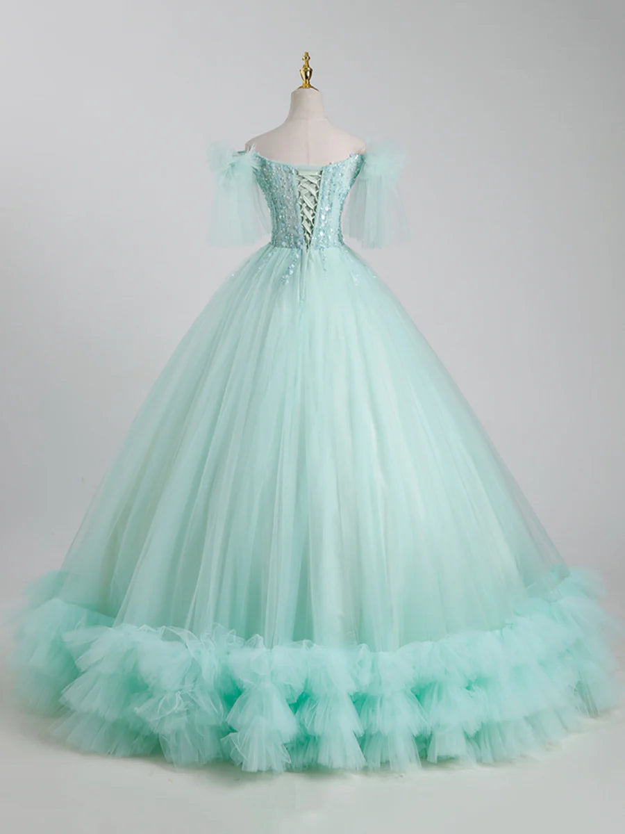 Ball Gown Quinceanera Floor Length Beautiful Tulle Sweet 16 Dress With Sequins