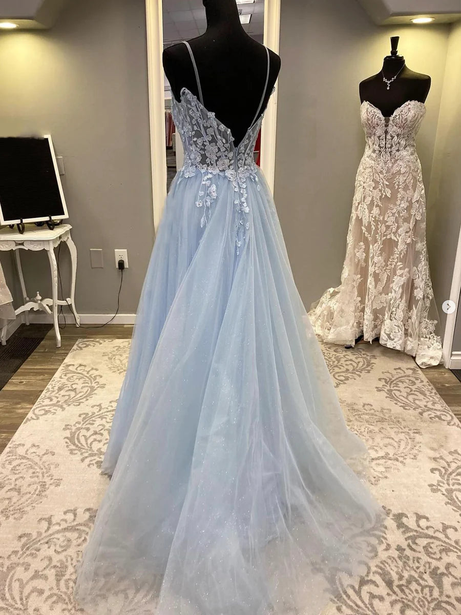 A-Line Floor Length Spaghetti Strap Tulle Evening Party Dress Long Lace Prom Dress With Appliques