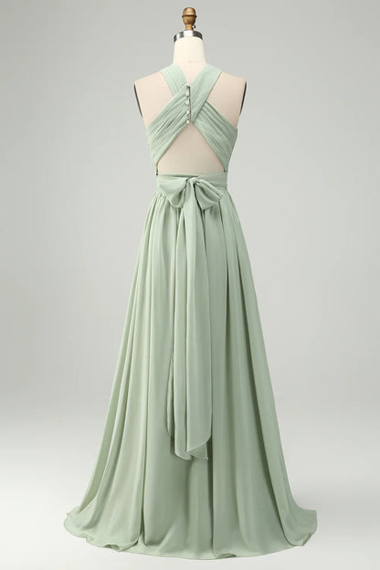 A Line Criss Cross Halter Chiffon Pleated Long Bridesmaid Dress with Slit