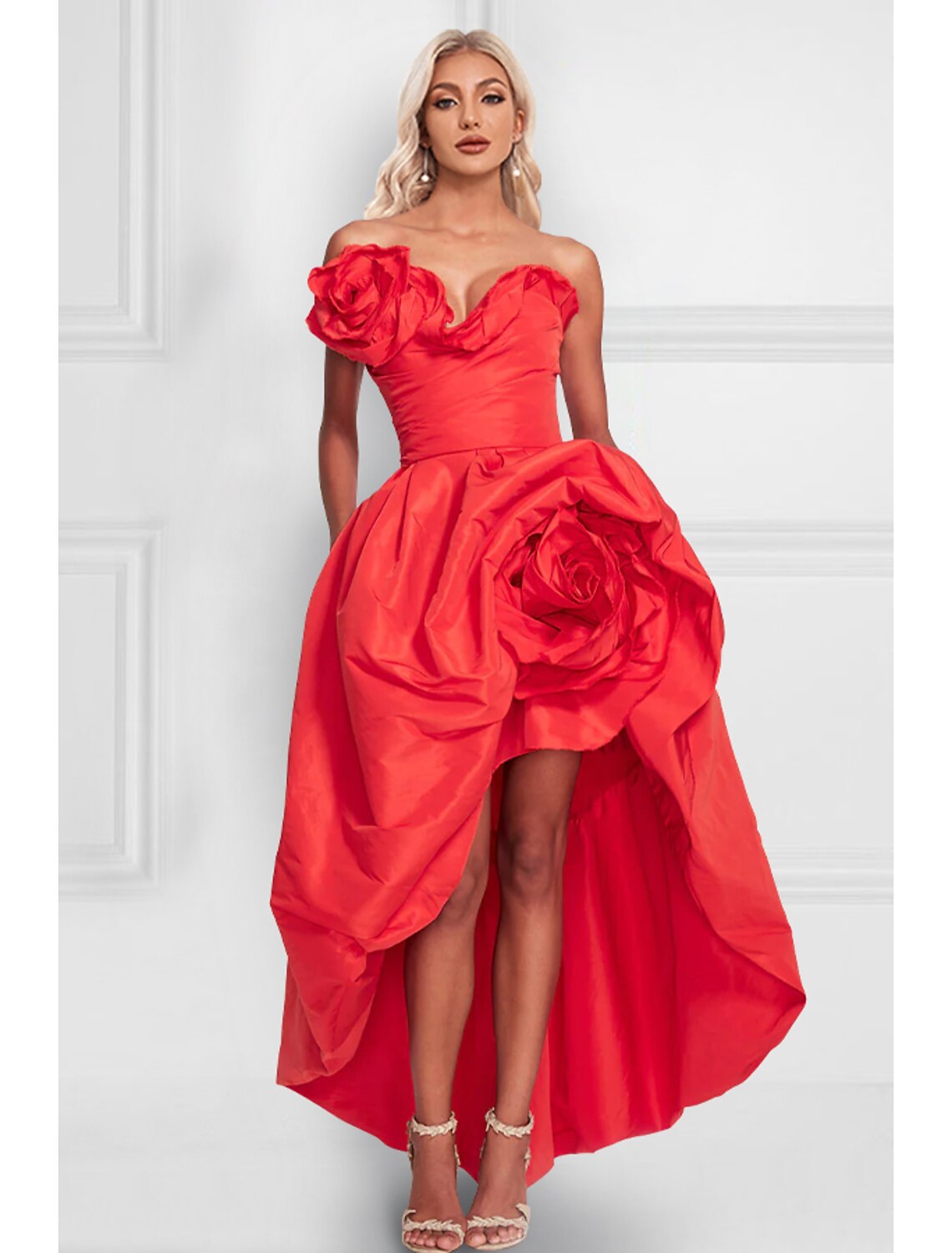 A-Line Cocktail Dress Christmas Red Green Dresses Celebrity Style Dress Party Wear Wedding Party Asymmetrical Sleeveless Strapless Satin with Shouder Flower