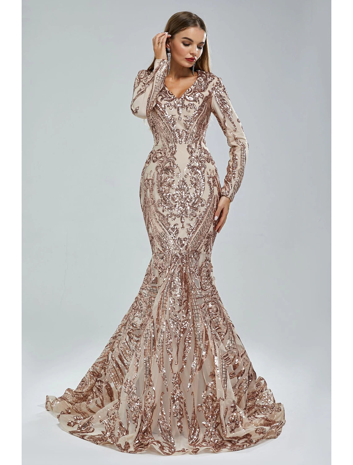 Mermaid / Trumpet Evening Gown Elegant Dress Carnival Formal Court Train Long Sleeve V Neck African American Lace with Sequin