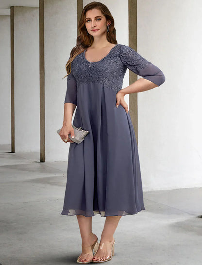 A-Line Mother of the Bride Dresses Plus Size Hide Belly Curve Elegant Dress Formal Tea Length Half Sleeve V Neck Chiffon with Buttons Appliques Fall