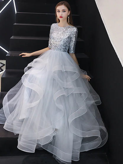 A-Line Bridesmaid Dress Jewel Neck Half Sleeve Sparkle & Shine Floor Length Tulle with Sequin