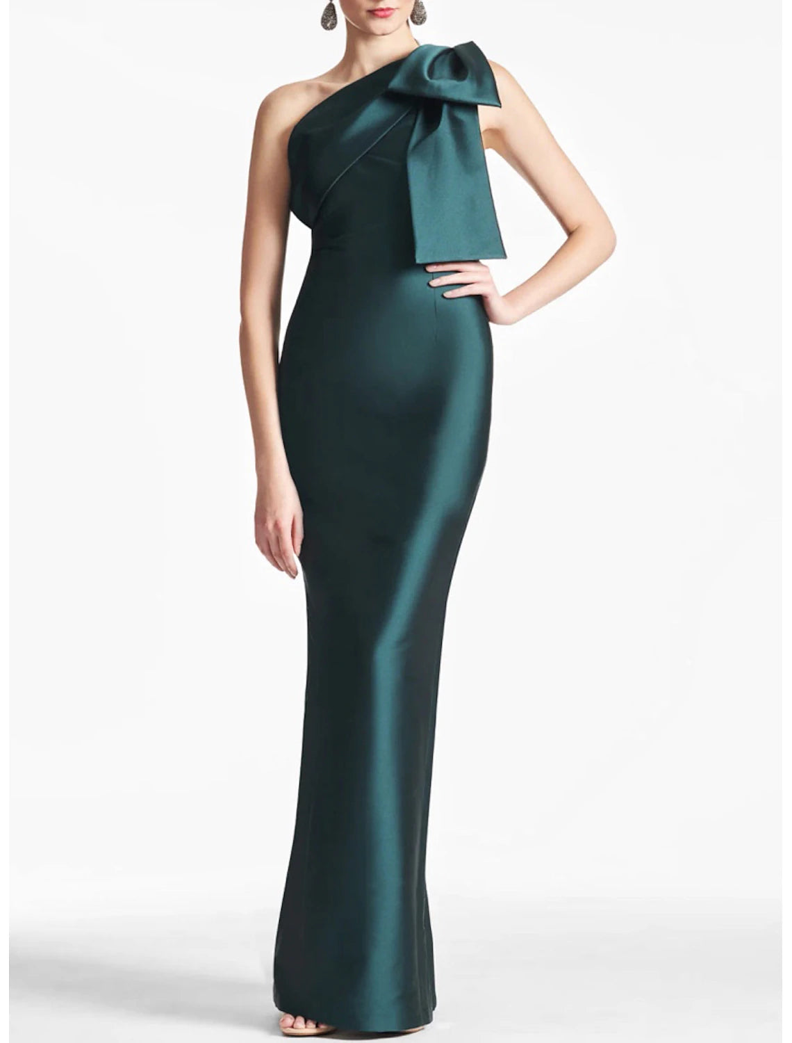 Sheath Mermaid Sleeveless Evening Gown One Shoulder Ankle Length Satin Party Dress With Bow Slit
