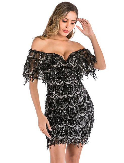 Sheath / Column Short Mini Party Dresses Flapper Dress Party Wear Valentine's Day Short Sleeve Off Shoulder Sequined Backless with Sequin Tiered