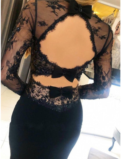 Mermaid / Trumpet Prom Dresses Open Back Dress Formal Wedding Guest Court Train Long Sleeve Strapless Stretch Fabric Backless with Beading Appliques