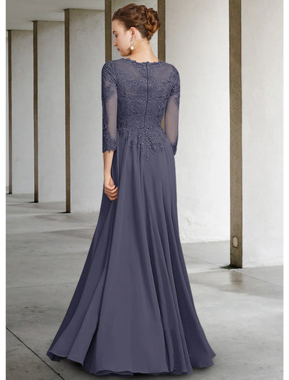 A-Line Mother of the Bride Dress Elegant Jewel Neck Floor Length Chiffon Lace 3/4 Length Sleeve with Appliques