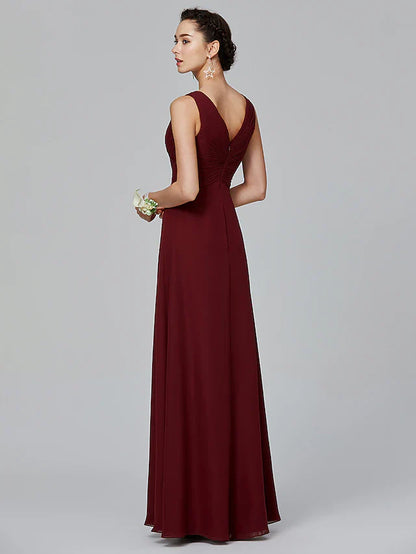 A-Line Bridesmaid Dress V Neck Sleeveless Floor Length Chiffon with Criss Cross / Side Draping