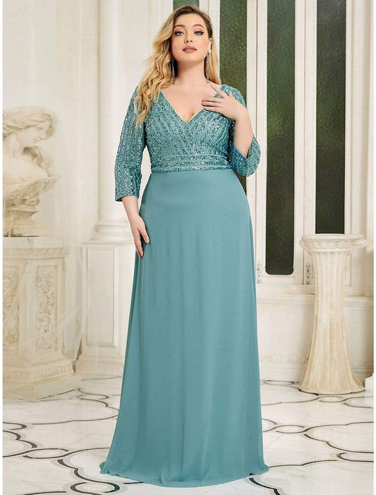 A-Line Evening Gown Elegant Dress Wedding Guest Black Tie Floor Length 3/4 Length Sleeve V Neck Chiffon V Back with Sequin