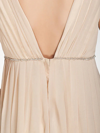 A-Line Bridesmaid Dress V Neck Sleeveless Beautiful Back Floor Length Chiffon with Pleats / Beading / Draping