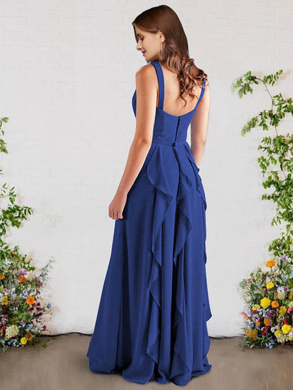 A-Line Bridesmaid Dress V Neck Sleeveless Elegant Floor Length Chiffon with Ruffles