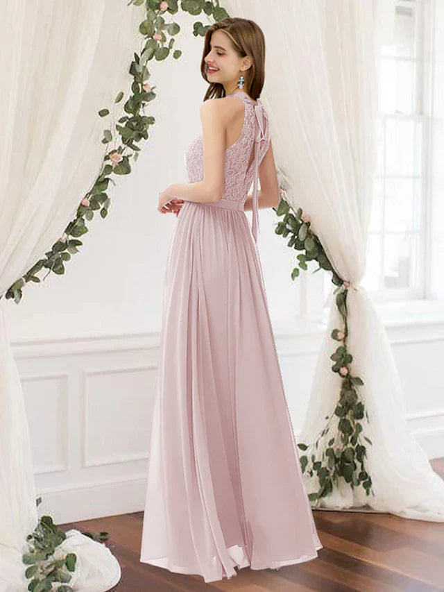 A-Line Bridesmaid Dress Jewel Neck Sleeveless Elegant Floor Length Chiffon / Lace with Pleats 2022 #8679703