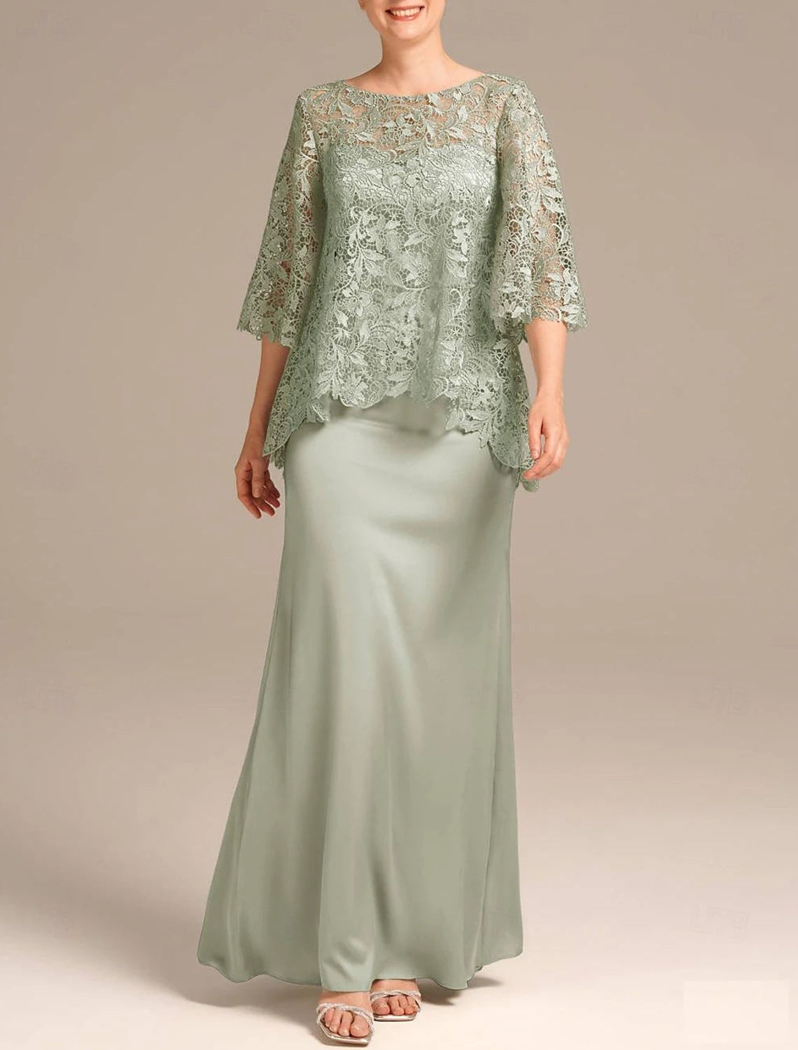 Wedding Guest Dress Jewel Neck Floor Length  Mother of the Bride Dress Satin Lace Half Sleeve with Embroidery
