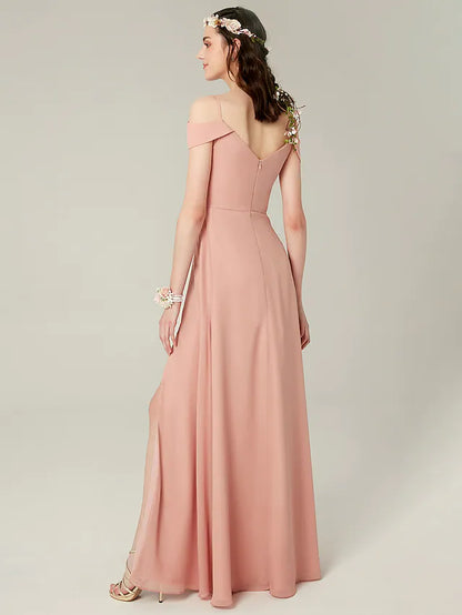 A-Line Bridesmaid Dress Spaghetti Strap Short Sleeve Furcal Floor Length Chiffon with Split Front