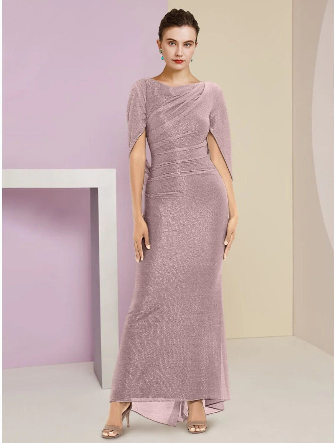 Mermaid / Trumpet Mother of the Bride Dress Wedding Guest Sparkle & Shine Elegant Scoop Neck Ankle Length Chiffon Half Sleeve with Sequin Ruching