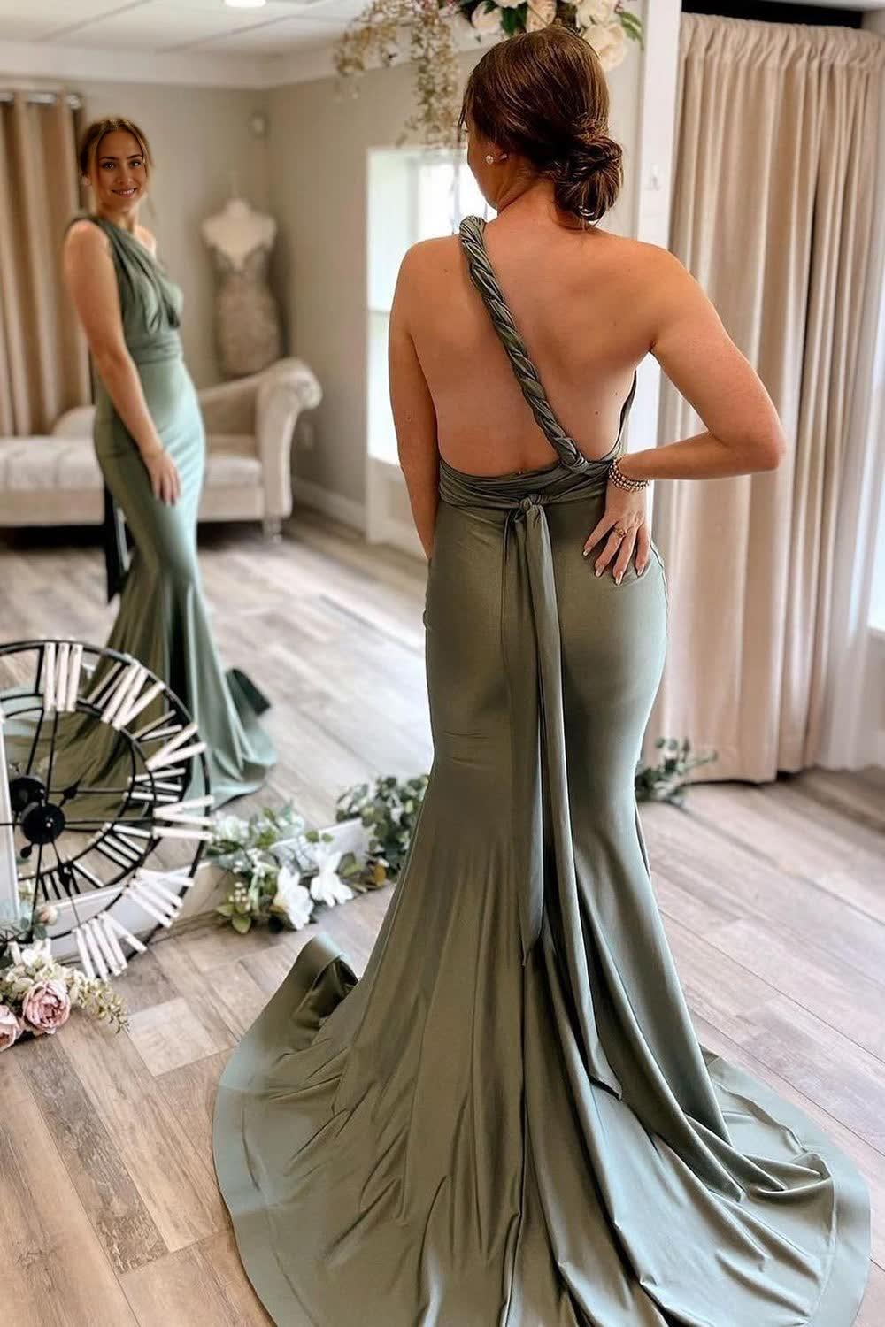 Mermaid Trumpet Multi Dressing Methods Light Green Convertible Satin Prom Bridesmaid Dress Wedding Guest Dresses