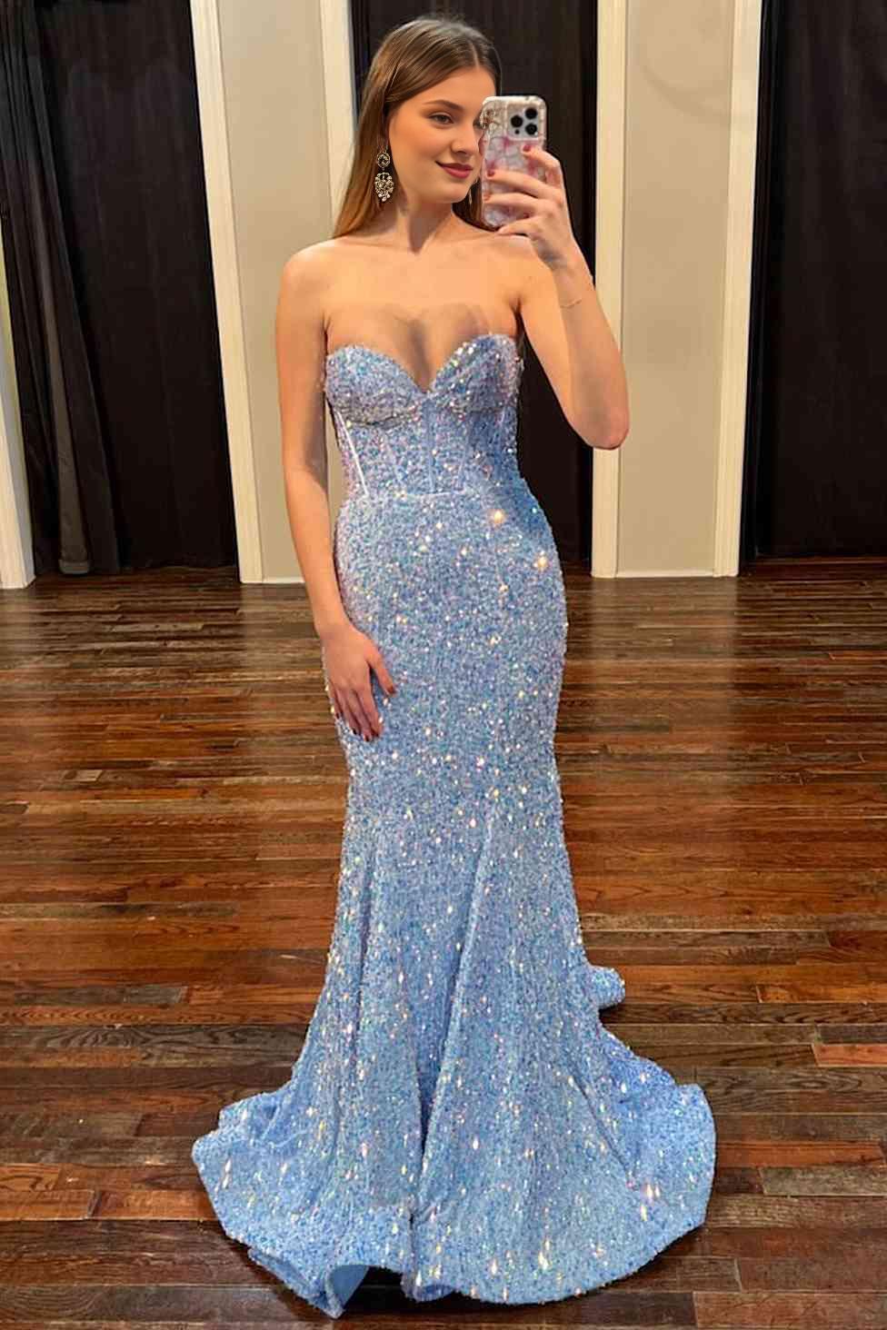 Sheath Mermaid Light Blue  Sweep/Brush Train Dresses Sparking Sequin Long Prom Dress