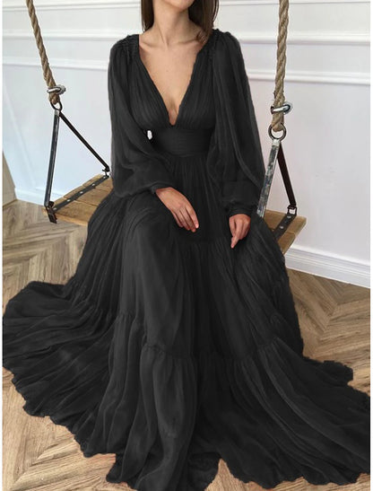 A-Line Wedding Guest Dress Floor Length Long Sleeve V Neck Chiffon with Ruched