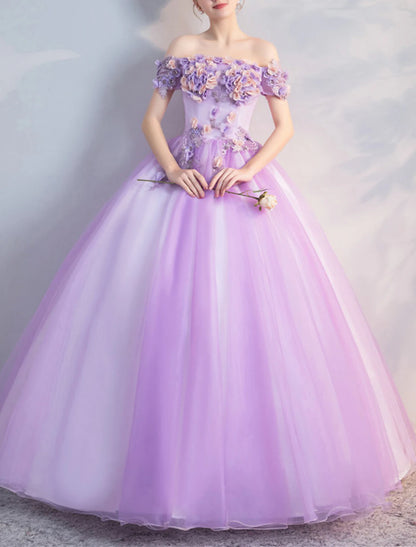 Ball Gown Prom Dresses Floral Dress Quinceanera Prom Floor Length Short Sleeve Off Shoulder Polyester with Appliques