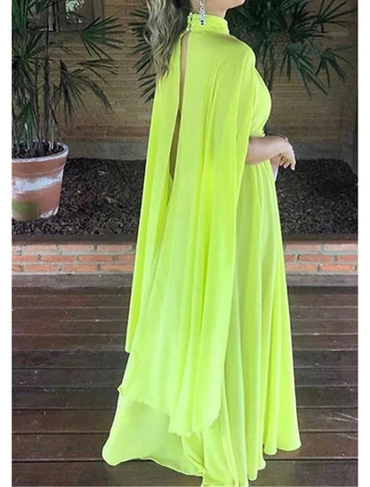 A-Line Wedding Guest Dress Floor Length Sleeveless High Neck Capes Chiffon with Ruched