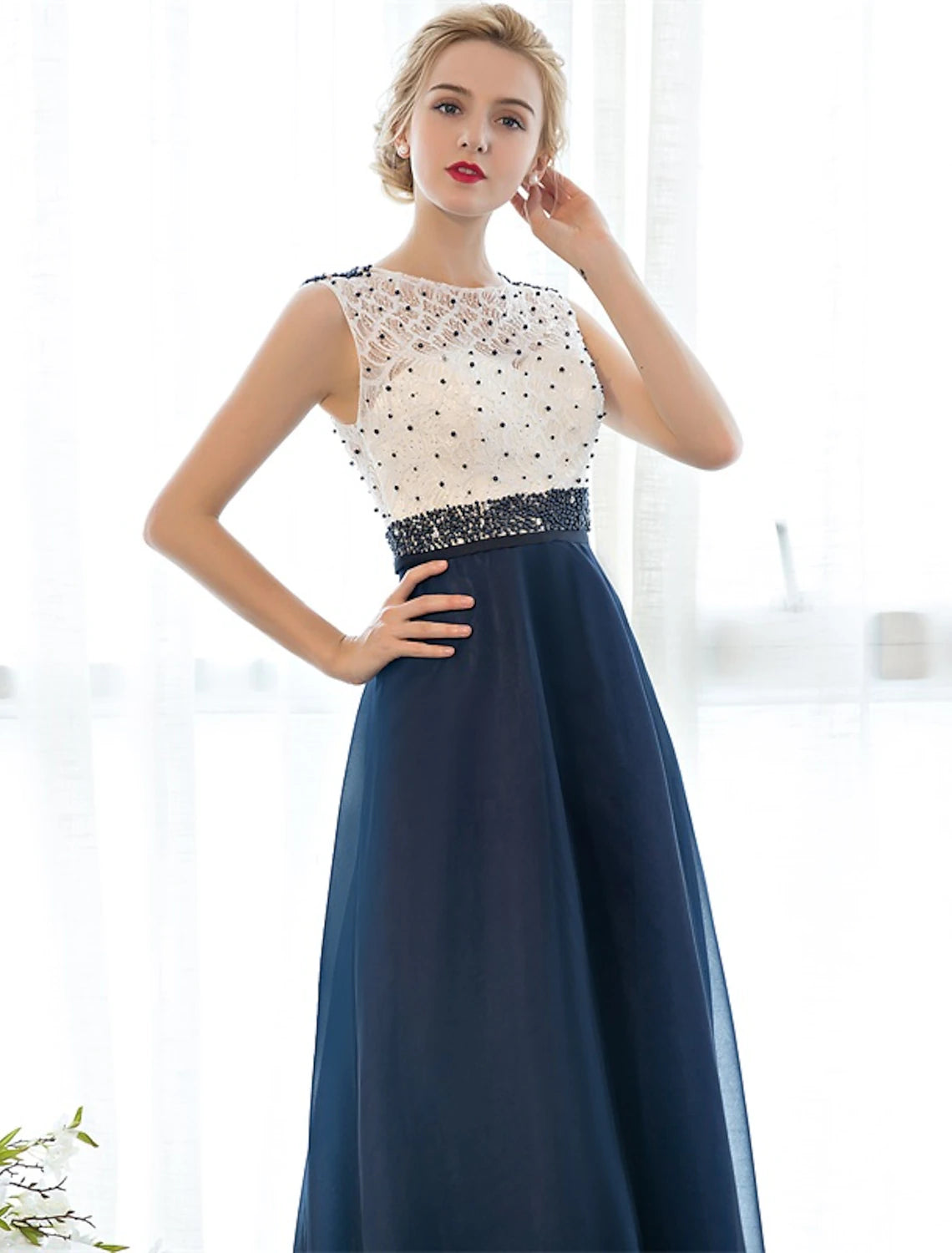 A-Line Elegant Dress Wedding Guest Prom Floor Length Sleeveless Illusion Neck Tulle Over Lace with Beading