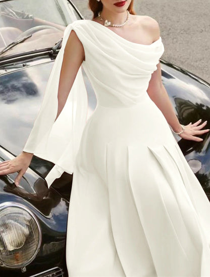 A-Line Wedding Guest Dress Semi-formal Elegant Dress Tea Length Sleeveless Stretch Chiffon with Ruched