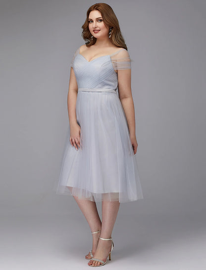 A-Line Elegant Dress Wedding Guest Cocktail Party Tea Length Short Sleeve Off Shoulder Tulle with Sash / Ribbon Criss Cross