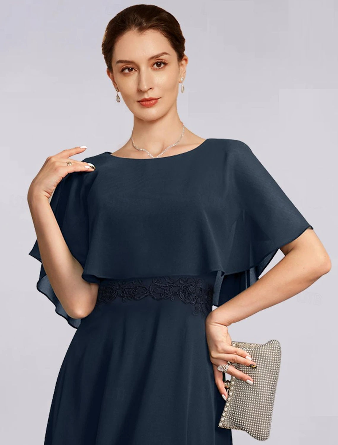 A-Line Half Sleeve Lace Mother of the Bride Dress Formal Elegant Jewel Neck Tea Length Chiffon Wedding Guest Dress