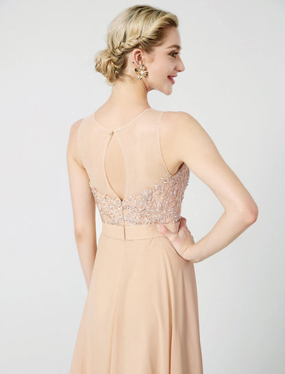 A-Line Classic & Timeless Keyhole Pastel Colors Holiday Cocktail Party Prom Dress Illusion Neck Sleeveless Floor Length Chiffon Beaded Lace with Pleats Appliques